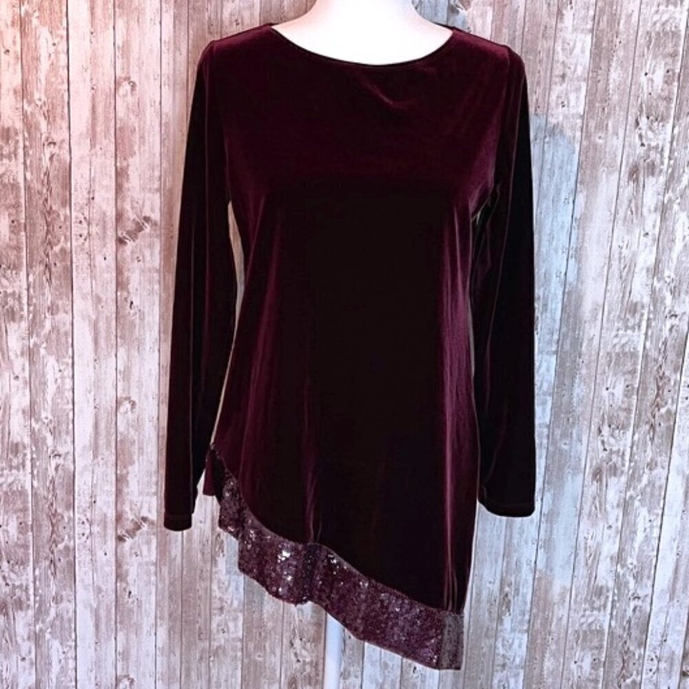 Chico's Travelers Burgundy Velour Sequins Asymetrical Top size Small (Chico's 0)
